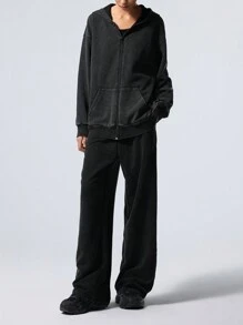 LYSMO 2pcs/Set Casual Minimalist Distressed Hoodie And Pants Set - Dark Grey - View 1