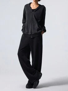 LYSMO 2pcs/Set Casual Minimalist Distressed Hoodie And Pants Set - Dark Grey - View 3