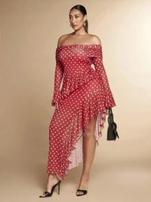SHEIN BAE Đầm dài hở vai cao cấp gợi cảm quyến rũ ngọt ngào màu đen và trắng chấm bi in họa tiết lưới một bên vai không đối xứng viền xếp nếp xẻ cao - Đỏ - Xem 3