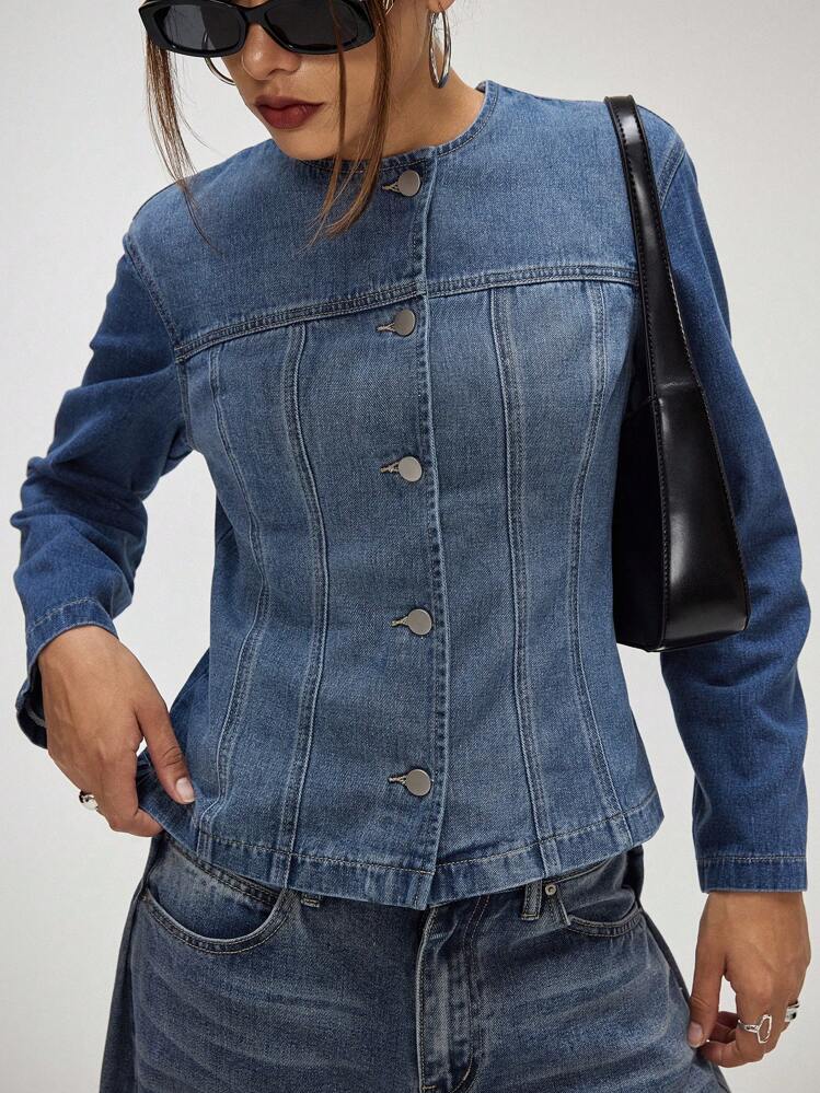 Forever 21 Women's Plain Front Button Casual Versatile Long Sleeve Denim Jacket - Blue - View 6