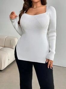 SHEIN Essnce 大码休闲纯色长袖侧开衩毛衣，秋季，冬季 - 白色 - 查看 4