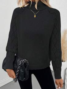 SHEIN Clasi Autumn/Winter New Black Turtleneck Crochet Jacquard Drop Shoulder Elegant Casual Pullover Sweater Knit Pullover Fall - Black - View 4