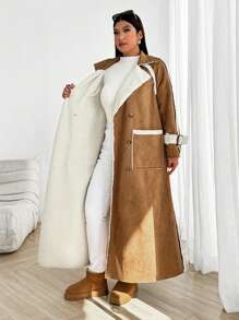 Flirla Chaqueta larga de talla grande informal con falso y ribete de pelo