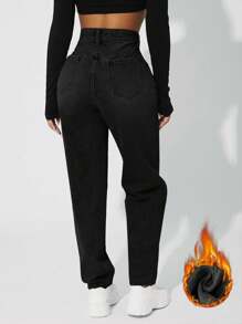 Jeans droits décontractés pour femmes avec poches. Tenue de Thanksgiving, tenue de Noël pour femmes avec doublure thermique