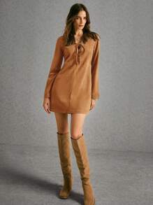 Poéselle 女士纯色系带休闲百搭长袖短裙 - 棕色 - 查看 3
