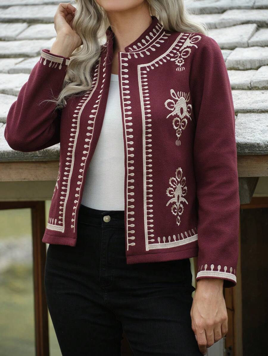 LanaWest Women Casual Embroidery Cropped Jacket For Autumn/Winter Fall Cloth For Women - Brown - View 1