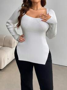 SHEIN Essnce 大码休闲纯色长袖侧开衩毛衣，秋季，冬季 - 白色 - 查看 1