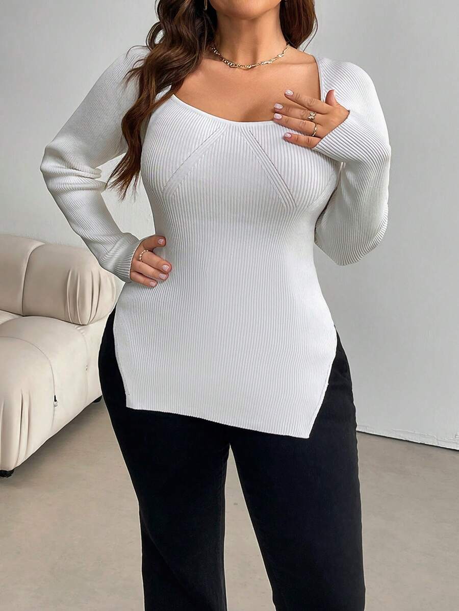 SHEIN Essnce 大码休闲纯色长袖侧开衩毛衣,秋季,冬季 - 白色 - 查看 1