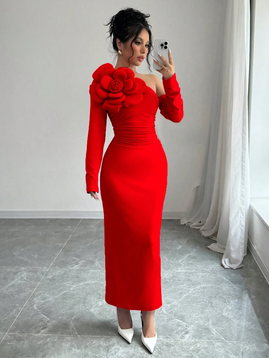 Selianne 1 chiếc váy dài tay xếp ly eo hoa lệch vai cho nữ thanh lịch cho quần áo năm mới maxi trang phục cho phụ nữ - Đỏ - Xem 1