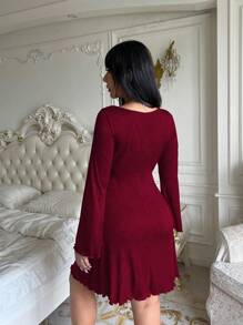 Flirla Plus Size V Neck Ribbed Flare Sleeve Dress Burgundy Color Women Outfit - Burgundy - View 2