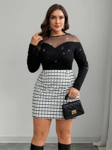 SHEIN Privé 大码女式优雅复古学院风精致秋冬下午茶女士格纹拼色 A 字短裙，松紧腰设计 - 黑與白 - 查看 6