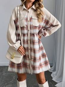 SHEIN LUNE Women's Long Sleeve Collared Pocket Pleated Waist Plaid Ruffle Trim Multi-Color Jacket