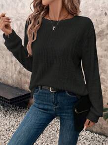 SHEIN LUNE 女士纯色领口罗纹针织休闲基本款 T 恤衬衫 - 黑色 - 查看 3