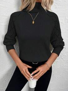 SHEIN Clasi Autumn/Winter New Black Turtleneck Crochet Jacquard Drop Shoulder Elegant Casual Pullover Sweater Knit Pullover Fall - Black - View 6