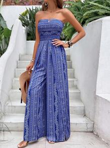 Breezaya Paisley Print Halter Neck Slit Wide Leg Jumpsuit - Blue - View 6