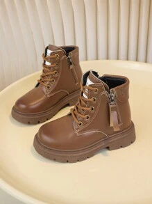 新款秋季女童皮靴，中大码童靴，英伦风踝靴，厚底男童机车靴，女童皮靴 - 棕色 - 查看 2