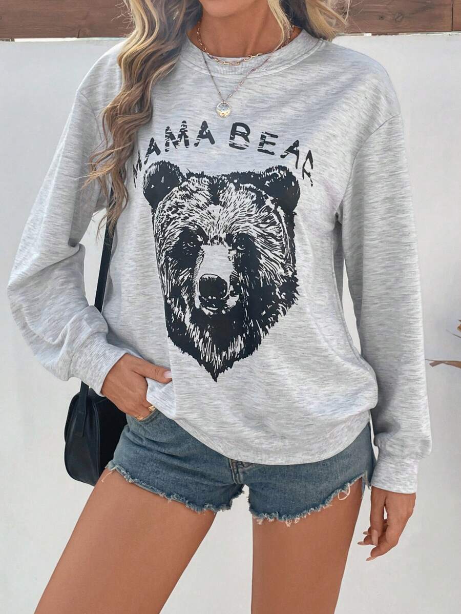 SHEIN LUNE 女士休闲圆领长袖灰色小熊图案卫衣，秋季套头衫 - 灰色 - 查看 1