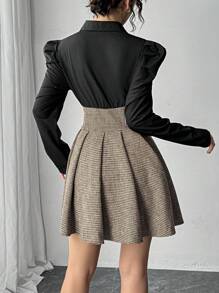 Elenzga Women's Elegant Plaid Gigot Sleeve Ruffle Hem Mini Dress, Autumn Fall Cloth For Women - Multicolor - View 3