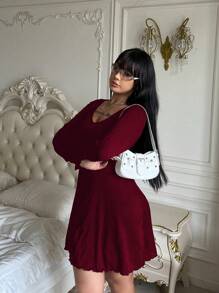 Flirla Plus Size V Neck Ribbed Flare Sleeve Dress Burgundy Color Women Outfit - Burgundy - View 6