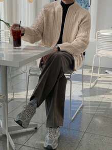 DAZY Men Solid Color Raglan Sleeve Zipper Front Casual Cardigan, Autumn/Winter Jacket