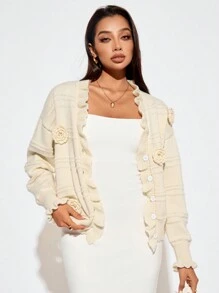 SHEIN SXY Áo len cardigan tay dài trơn họa tiết hoa 3D cài nút phía trước, Áo len nữ, Áo len màu be, Áo len cardigan, Áo khoác mùa đông cho nữ - Màu be - Xem 4
