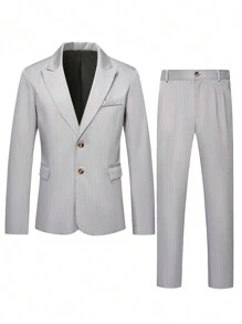 Manfinity Mode 2pcs Men Striped Lapel Neck Long Sleeve Jacket & Pleated Long Pants Casual Suit Set, For Autumn - Light Grey - View 3