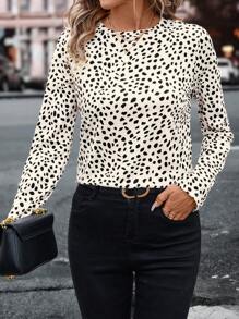 SHEIN LUNE 女式复古波尔卡圆点印花圆领休闲通勤优雅户外保暖打底 T 恤，秋冬 - 彩色 - 查看 4