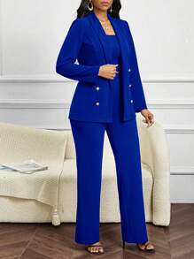 SHEIN Lady Conjunto de Terno Feminino com Colete, Blazer e Calça para Convidados de Casamento em Todas as Estações, Terno Feminino na Cor Bordô - Azul Royal - Visão 3