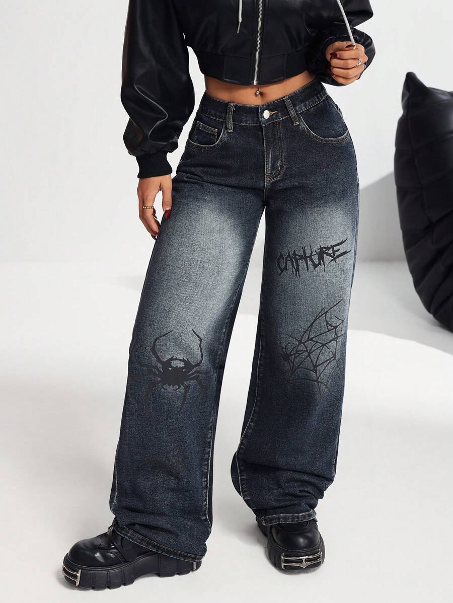 SHEIN PETITE Women's Low-Waist Wide Leg Printed Denim Jean Pants, Blue