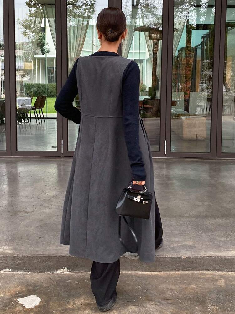 Women Solid Round Neck Pleated Pocket Waisted Mid-Length Dress,Fall Clothes