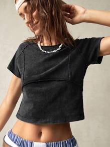Bohemela Holiday Solid Color Knit Structual Design Round Neck Raglan Sleeve Short Sleeve Fitted Women T-Shirt