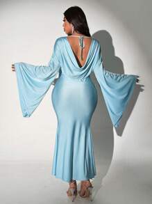 Viva Relle Plus Size Women Solid Ruffle Collar Flare Sleeve Fitted Elegant Dress - Blue - View 3