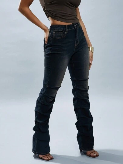 Denimoi Stacked Washed Flared Jeans, For Everyday Wear, Going Out, Dark Wash, Fashionable, Sexy Jeans, Tinted Jeans