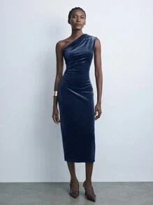 Maija Autumn/Winter New Urban Chic Elegant Party And Casual Vintage Outdoor Mocha Brown Velvet Waist Cinched Long Dress For Women,,Summer Clothes,Summer Outfits ,Country Concert Outfit ,Streetwear Women,Stockholm Style,Stockholm Style,Club,Teacher, Teacher Outfits For Women - Dusty Blue - View 8