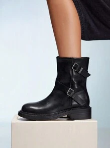 CUCCOO GRLICON 女式中筒靴，Y2K 风格，朋克摇滚，机车风，酷女孩装，适合万圣节、圣诞节和派对 - 黑色 - 查看 2