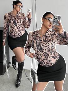 Flirla Camiseta corta de manga larga con cuello polo, estampado asimétrico de leopardo y cebra, para mujer de talla grande. Camiseta gráfica ajustada y sexy para primavera