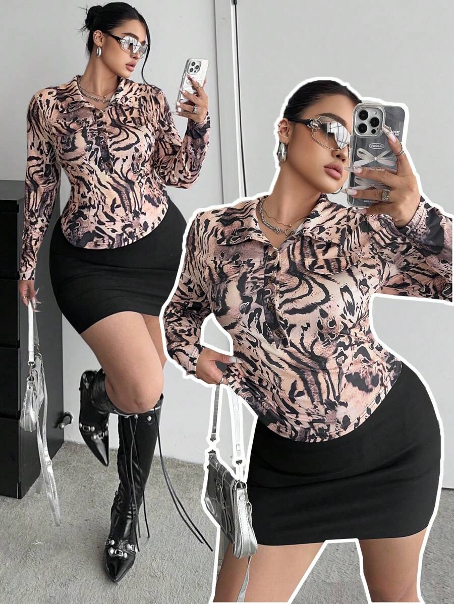 Flirla Camiseta corta de manga larga con cuello polo, estampado asimétrico de leopardo y cebra, para mujer de talla grande. Camiseta gráfica ajustada y sexy para primavera