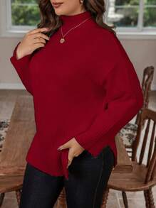 Calvaya Plus Size Women High Neck Dropped Shoulder Long Sleeve Casual Pullover Sweater With Side Slit Hem, Autumn/Winter For New Year Knit Pullover Fall - Red - View 4