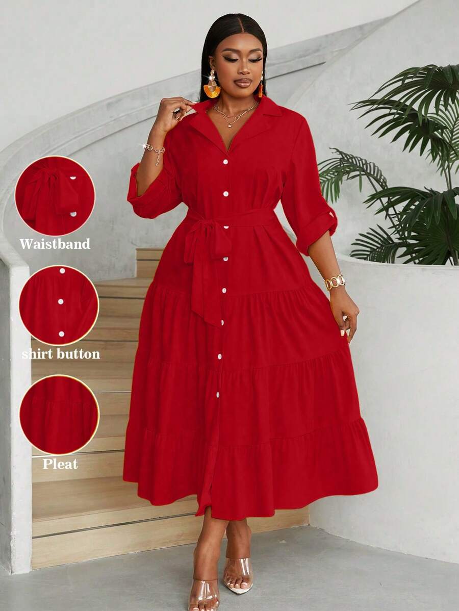 Maweii Vestido camisero de talla grande de color liso con botones al frente para otoño, ropa de Año Nuevo, conjunto maximalista para mujer - Rojo - Ver 1