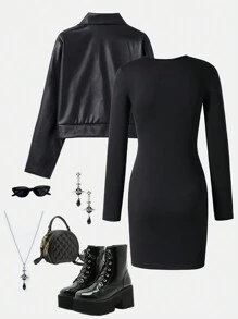 SHEIN Explorewe Teenage Girls Two-Piece Set With Slim Fit PU Leather Jacket And Star Print Snug Fit Dress, Snug Fit - Black - View 2