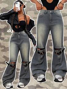 SHEIN ICON Women Y2k Ripped Flared Leg Jeans - Medium Wash - View 1