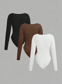 SHEIN EZwear Set de 3 bodys de manga larga con cuello cuadrado para mujer