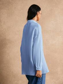 Poéselle 素色落肩袖前紐扣襯衫 - 淺藍色 - 查看 6