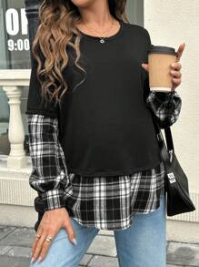 SHEIN 孕妇格子印花圆领休闲百搭长袖运动衫