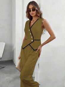 SHEIN Clasi Women 2 Pieces Elegant Office Suit With Trimmed Single Breasted Vest And Pants, For Commuting, Autumn
