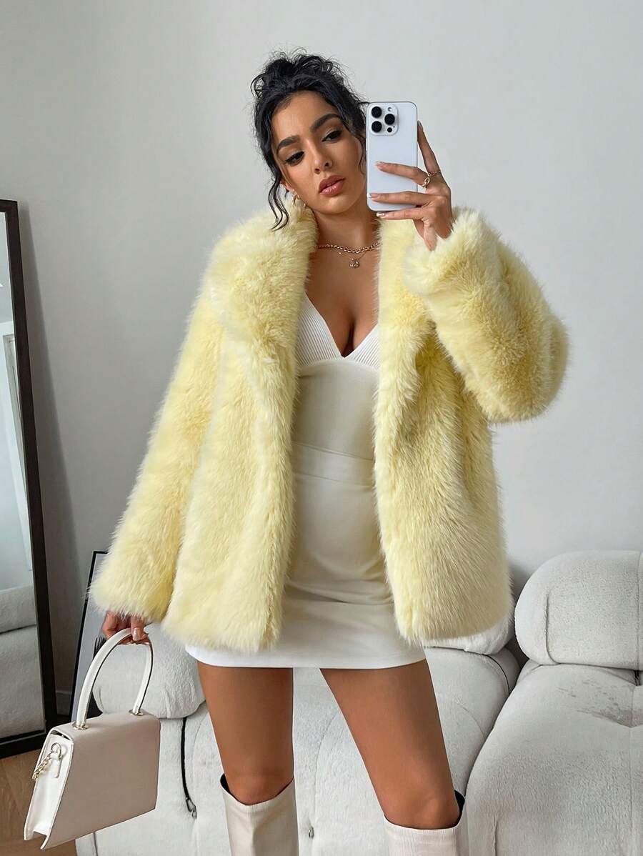 Almamuse Fox Fur Collar Faux Leather Jacket, Minimalist Fashion Casual Everyday Wear Fall Winter Cloth For Women