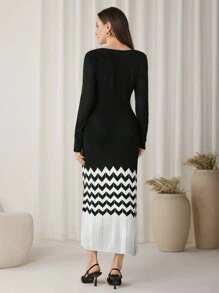 Modelyn Damen Farbblock Geometrisches Muster V-Ausschnitt Figurbetontes Pulloverkleid