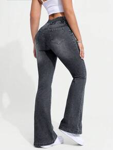 Women's Single-Breasted Slim-Fit Stretch Denim Flared Trousers - Grey - View 2