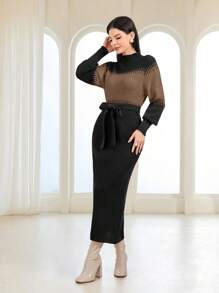 Mulvari Women Casual Contrast Color Patchwork Knit Sweater Dress, Autumn/Winter - Black - View 3