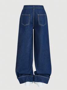 SHEIN MOD Women's Casual Mid-Rise Loose Wide-Leg Blue Jeans